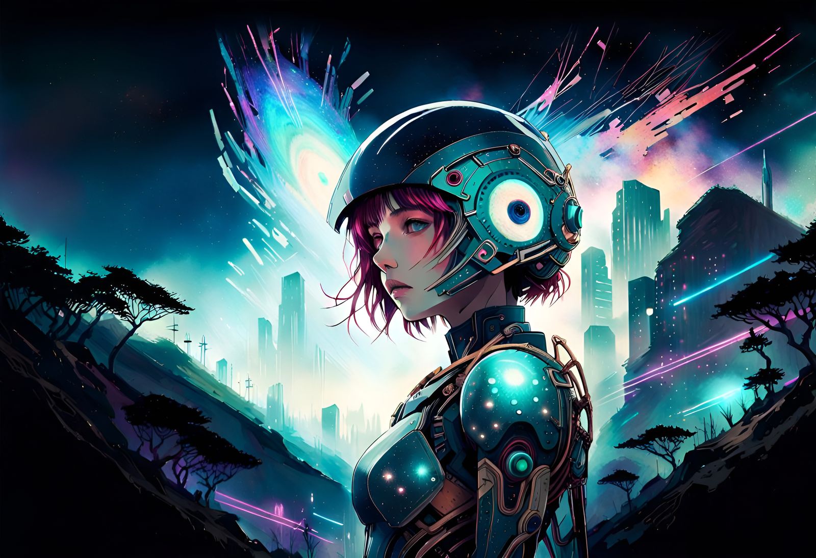 beautiful futuristic cybernetic galaxy helmet woman with imp...