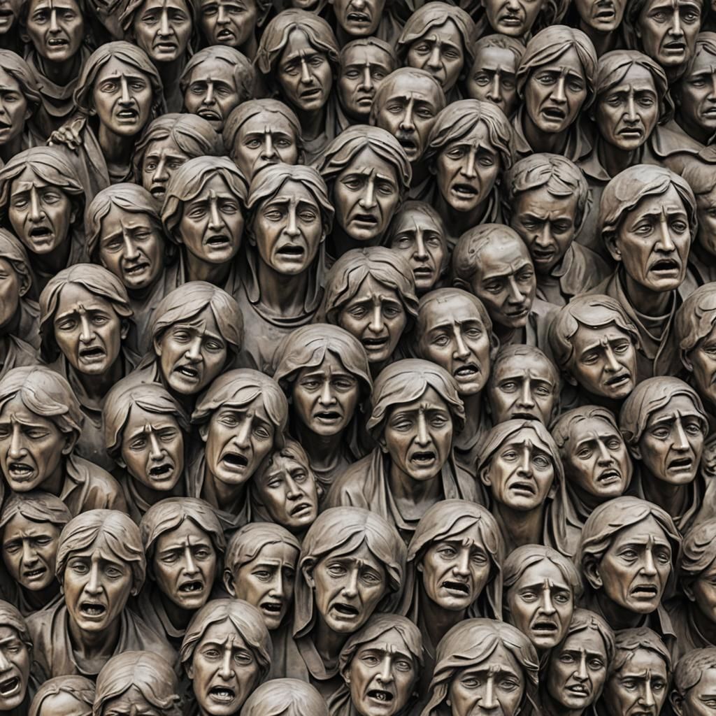 Crying people front statue