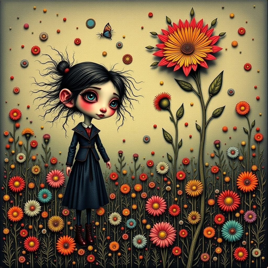<lora:Quirk On A Whim:1.0> ILLUSTRATION, quirky flower field, style of nicoletta ceccoli, mark ryden, and Tim Burton, UHD, intricately detai...