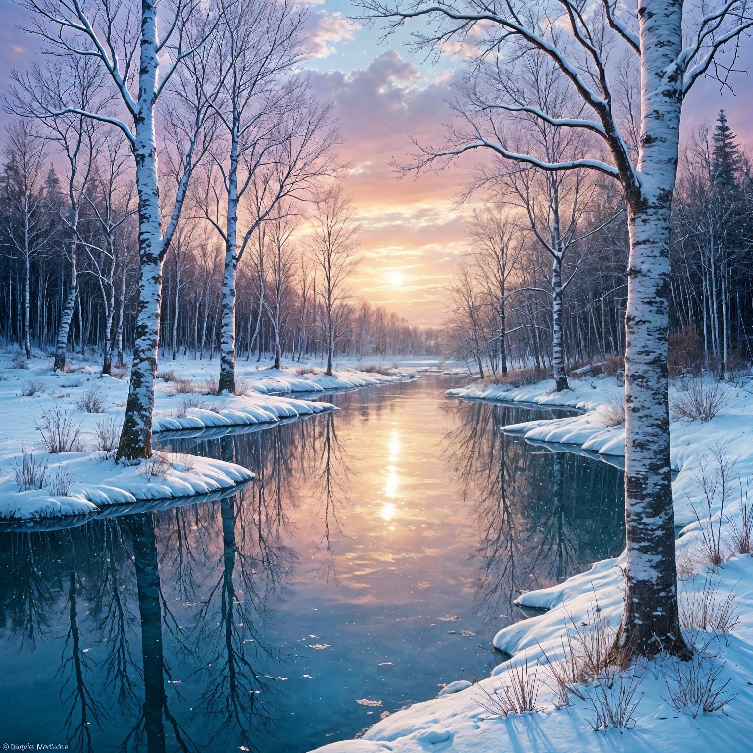 Snowy Birches Reflect Sunset, Winter Landscape