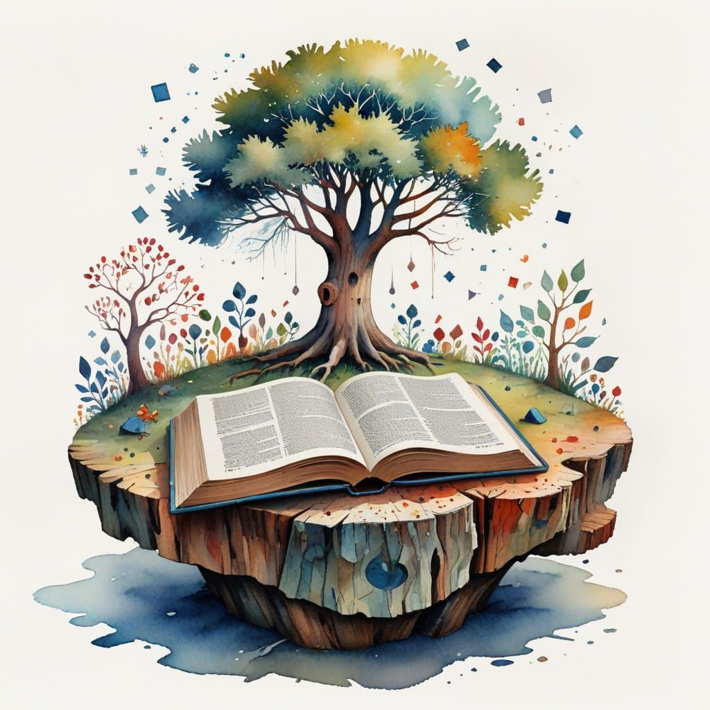 Open Book on Tree Stump in Watercolor Style
