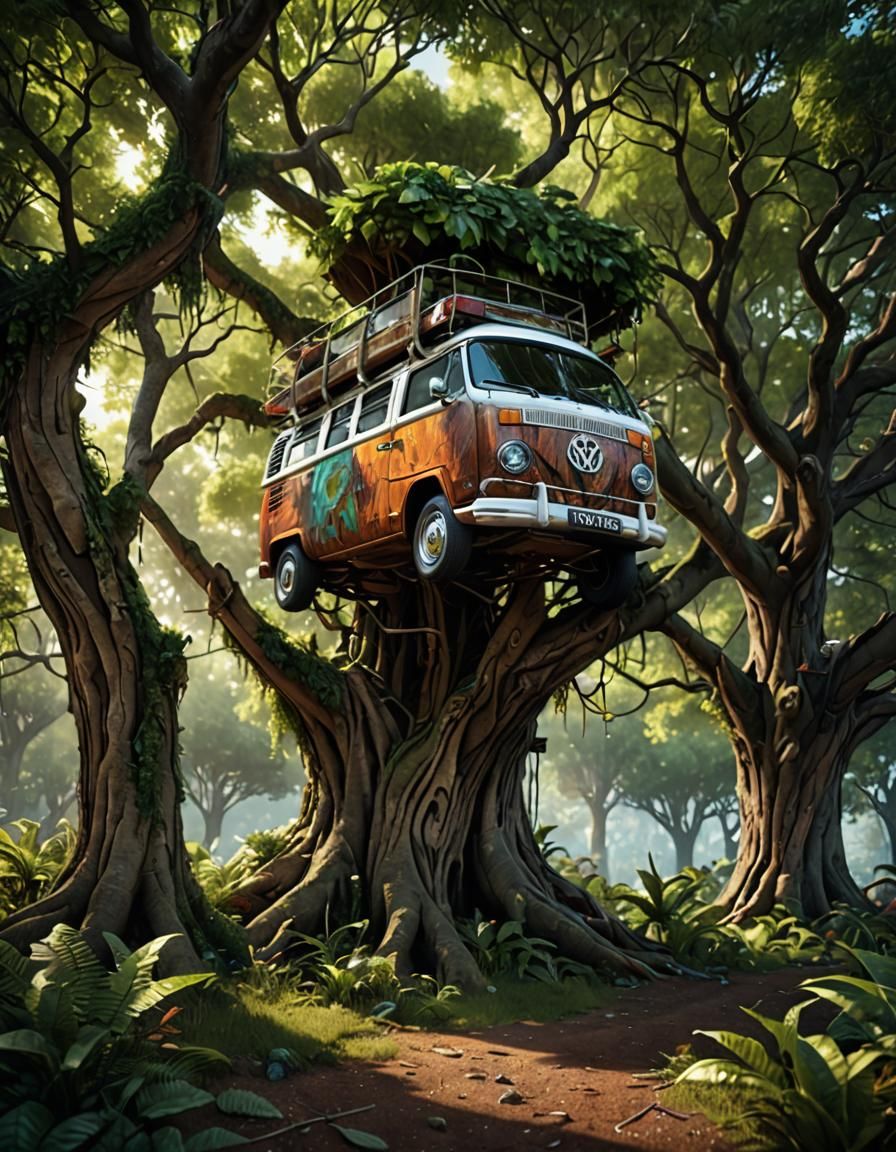 a campervan stuck up a tall tree:: Intricate + Hypermaximali...