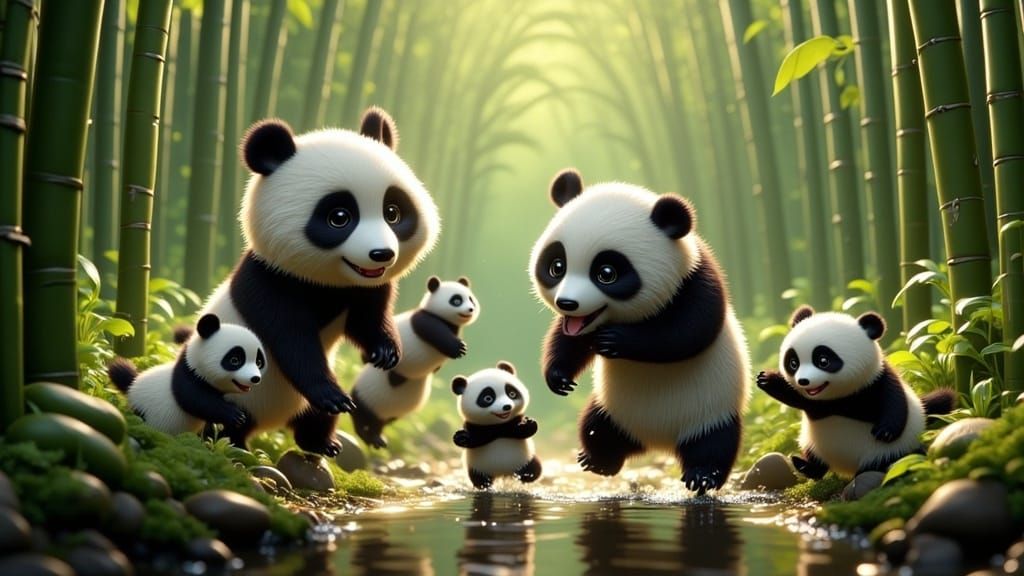 Panda Family in Bamboo Forest, Hyperrealistic Splash Art