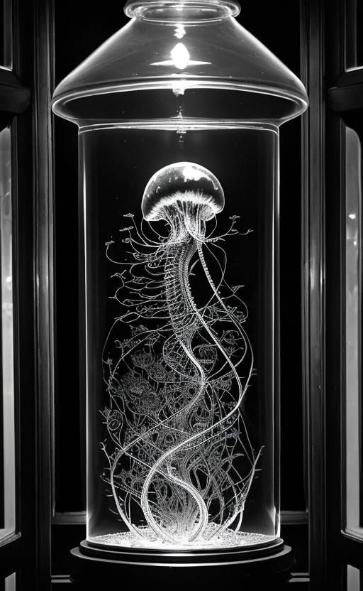 Alien jellyfish with spinal cord in glass tank, in victorian laboratory ...