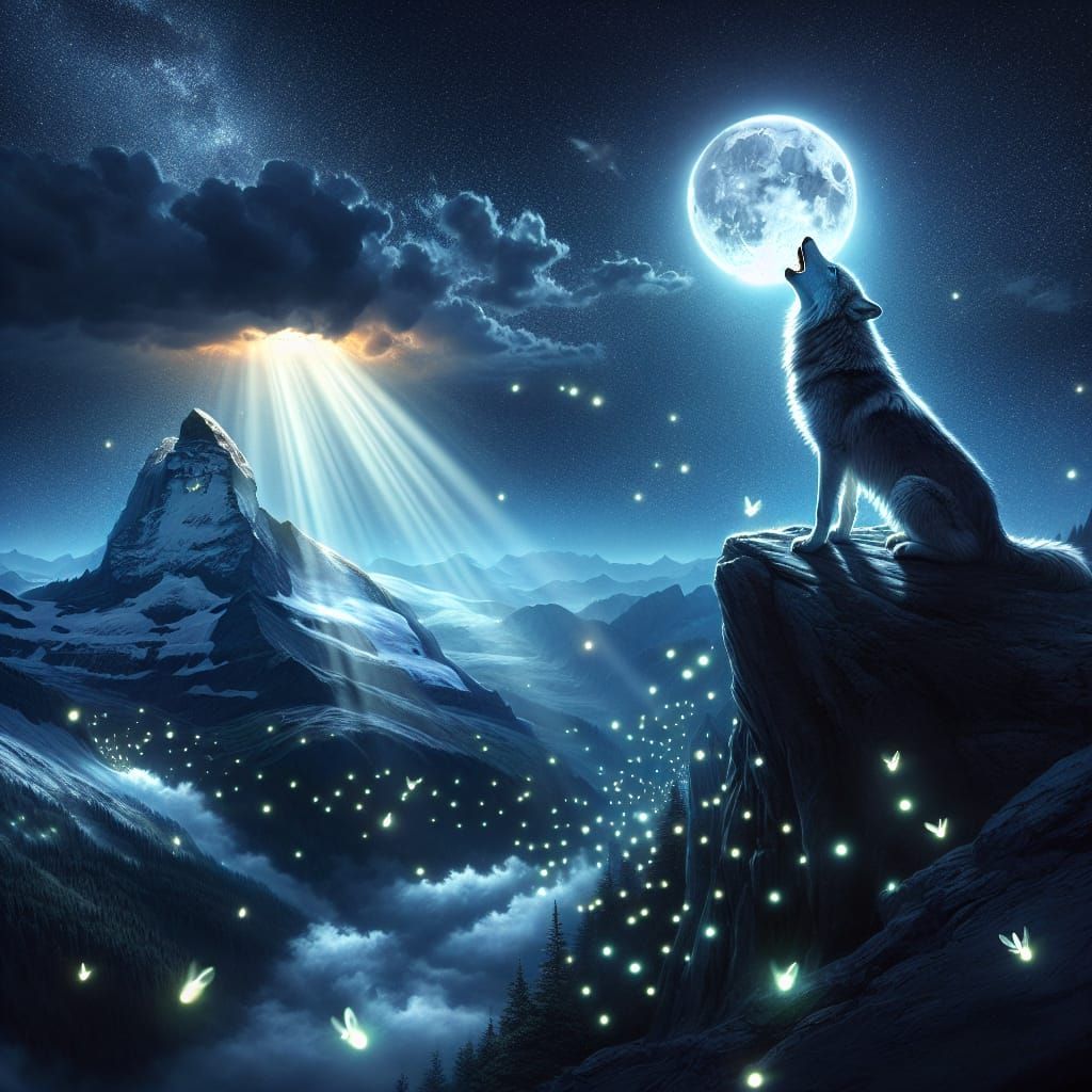 a wolf howling on a mountain surrounded by fireflies on a br...