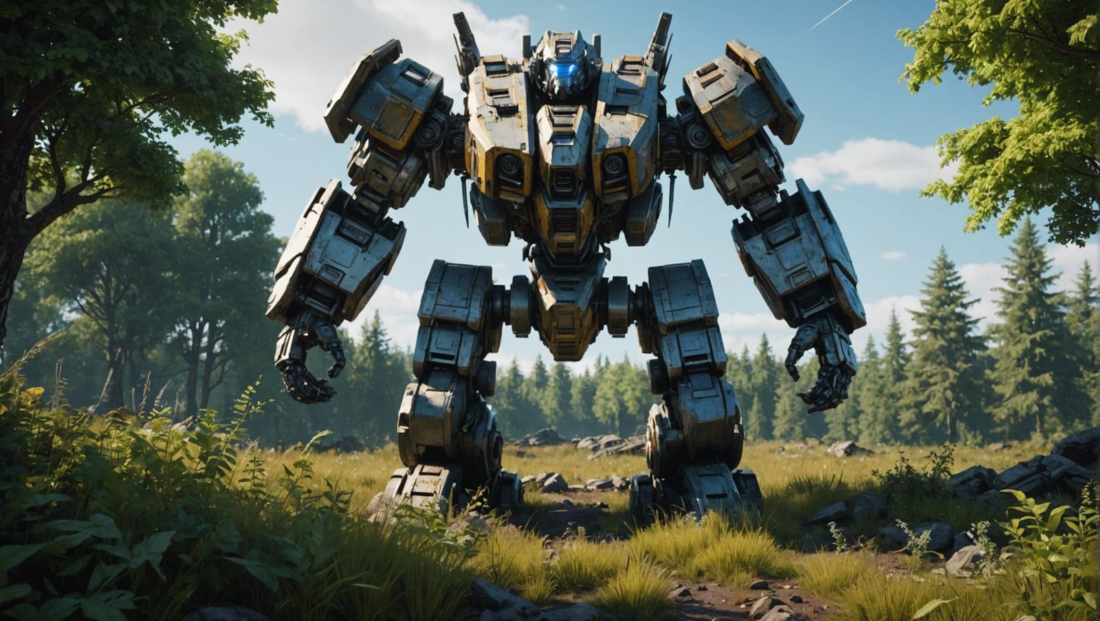 overgrown by nature a huge battle mech sits on a forgotten battlefield ...