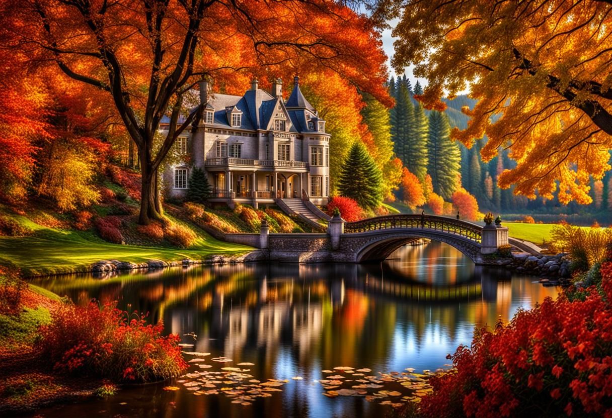 A large mansion near a river with a bridge in a forest with trees and flowers during the autumn fall season in a wooded area. intricate deta...