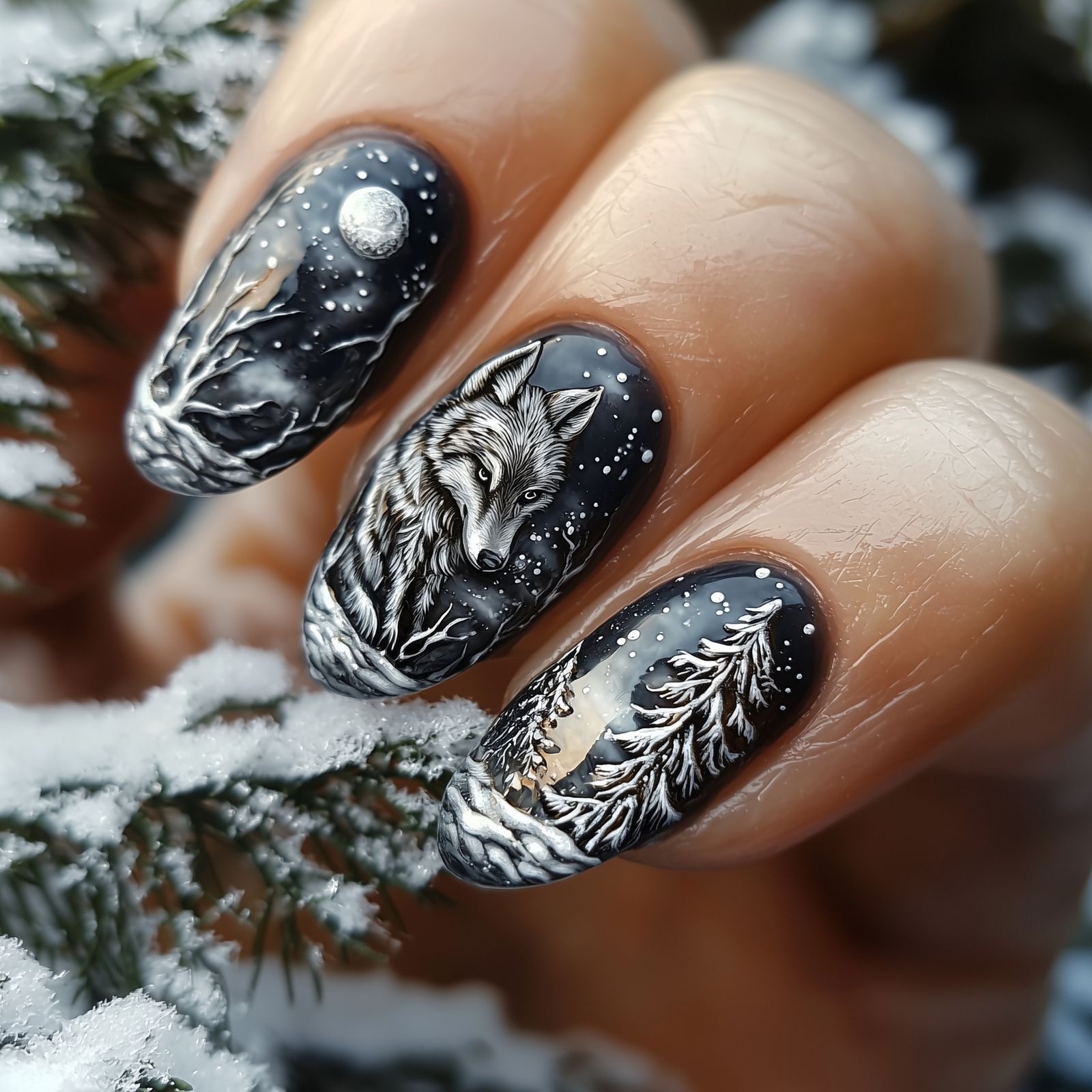 Silver Wolf and Moon Nail Art
