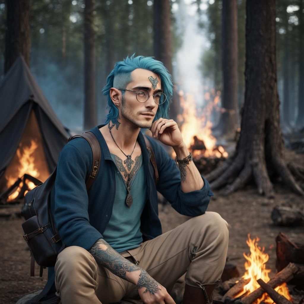 Elvish Male with druidic tribal body tattoos, Ocean Blue Hai...