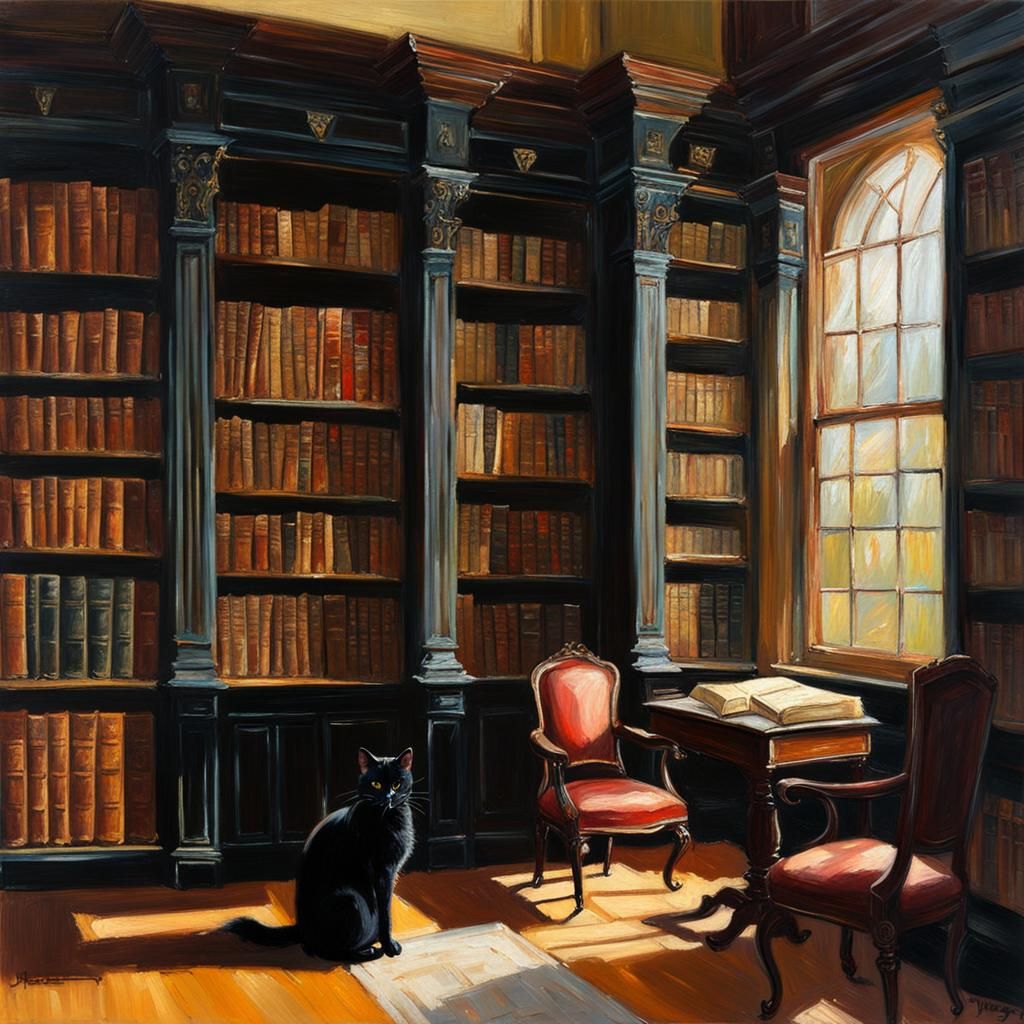 victorian library black cat books bookshelves old elegant su...