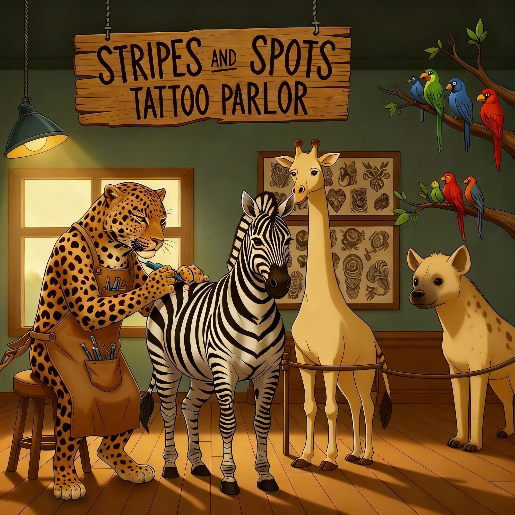 A leopard tatooing stripes on a zebra. A sign above says "Stripes and Spots Tatoo Parlor". A beige giraffe with no markings, a tiger that is...