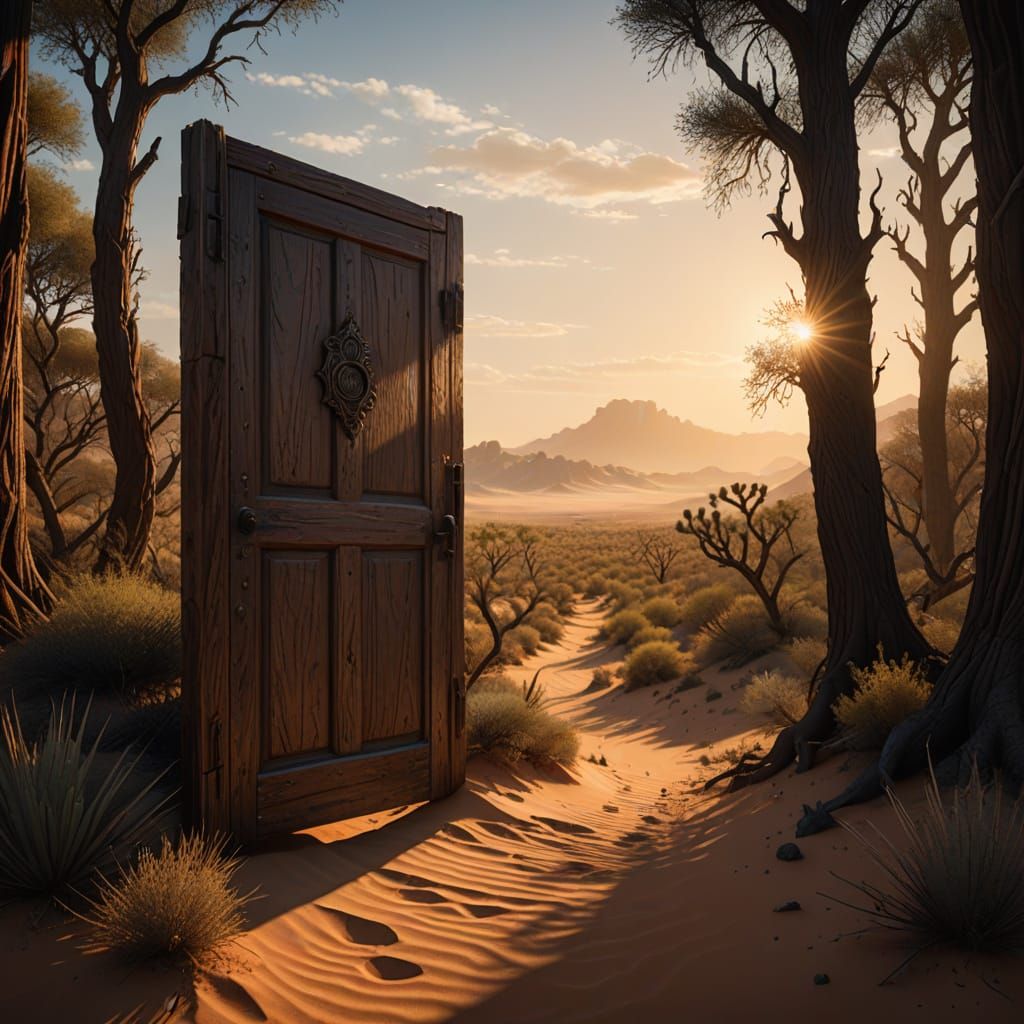A lone wooden door stands in the middle of a vast, desolate desert. The door is slightly ajar, revealing a glimpse of a lush, green forest i...