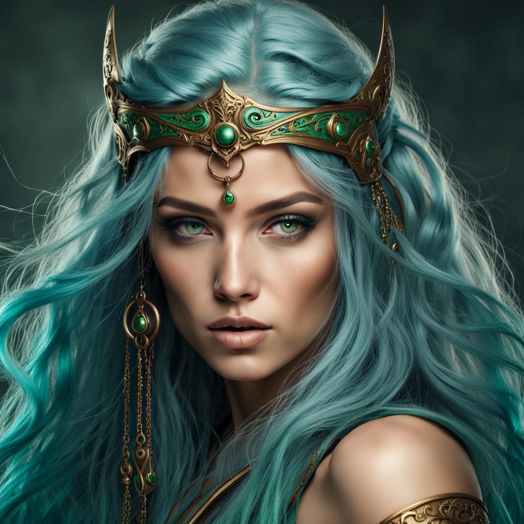 portrait of fantasy girl warrior with long wavy blue hair and green ...