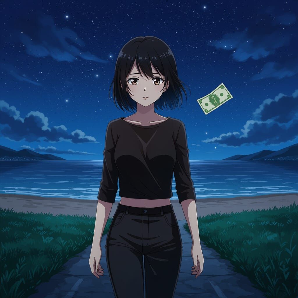 Anime Woman Walks Beach Path Under Starry Sky