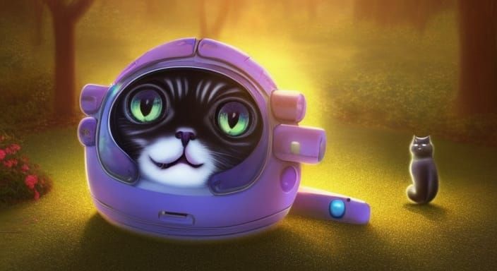 cute cat-robot-pet on stargazing platform with rotating sphe...