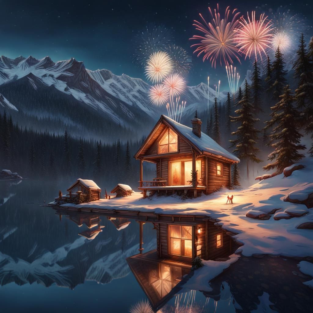 Winter Cabin Fireworks Display in Photorealistic Style