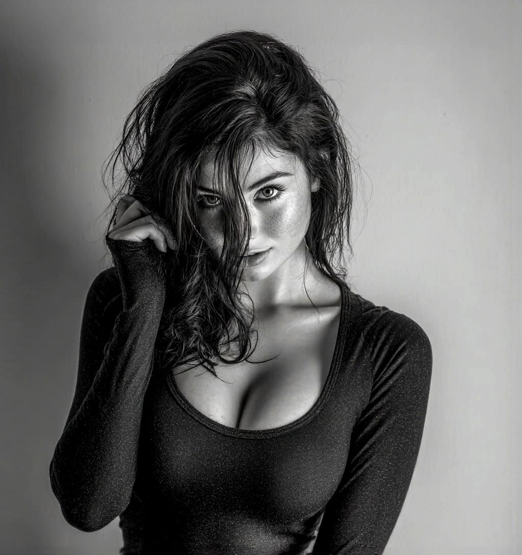 A black and white studio portrait reminiscent of Richard Avedon's style #7