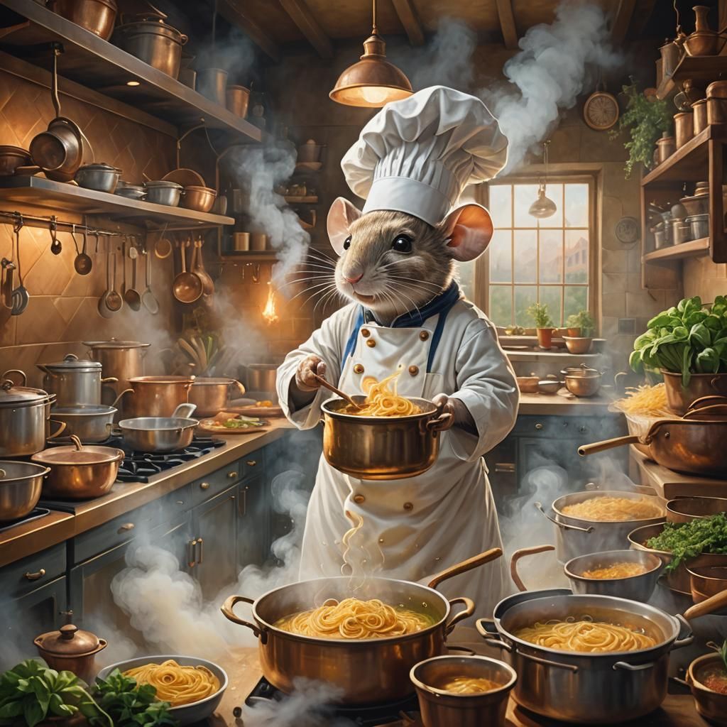 Mouse Chef's Pasta: Ethereal Fantasy Mist Painting