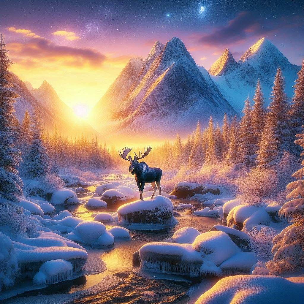 The lone Elk in a snowy landscape