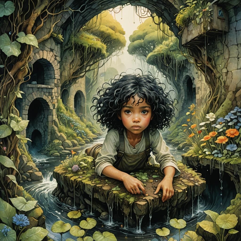 Wet Watercolor illustration;   young girl with wild  curly  black hair on a journey traveling through ...  by @Jano