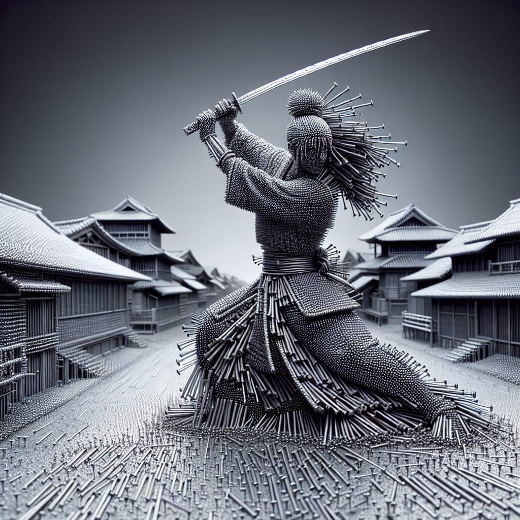A full Construvision style artwork — a complete scene built entirely from metallic nails.  by @LionAI