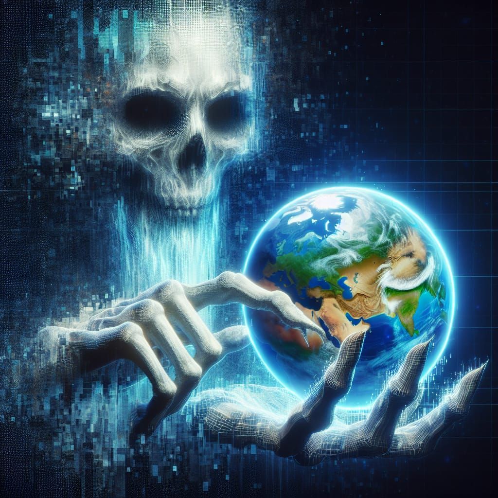 the shape and body of death holographic and  pixelated holding the earth in his outstretched hand 