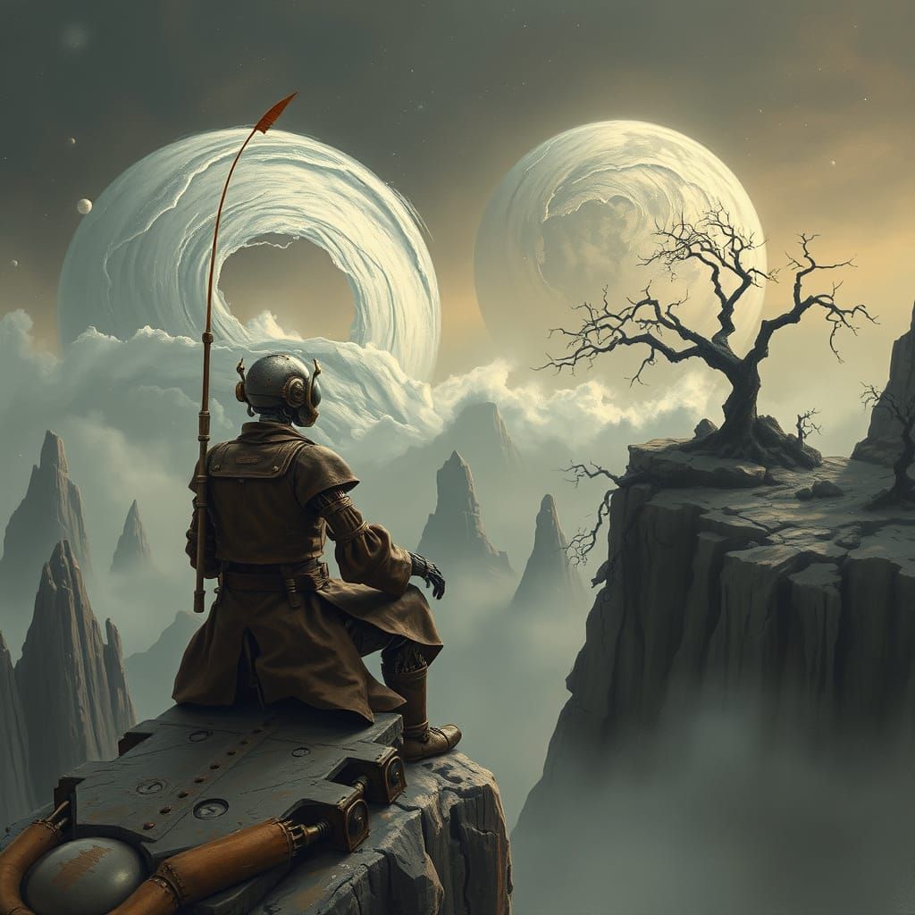 A solitary, weathered robot sits on a cliff edge, gazing at a swirling, cosmic storm on a distant planet. Its metallic body is covered in in...