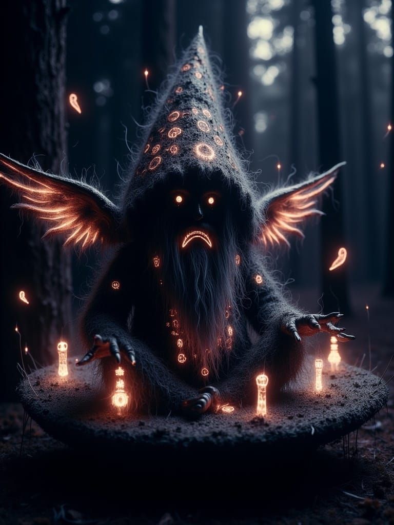 Glowing runes dark, Cute adorable gnome sitting on a mushroom, cinematic fantasy, detailed <lora:Glowing runes flux:1.0> 