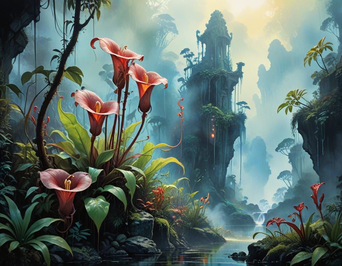 Nepenthes ventricosa pitcher plant in natural habitat: ink and watercolor wash drawing, cinematic, expressive, ...  by @Derrell Mcclure