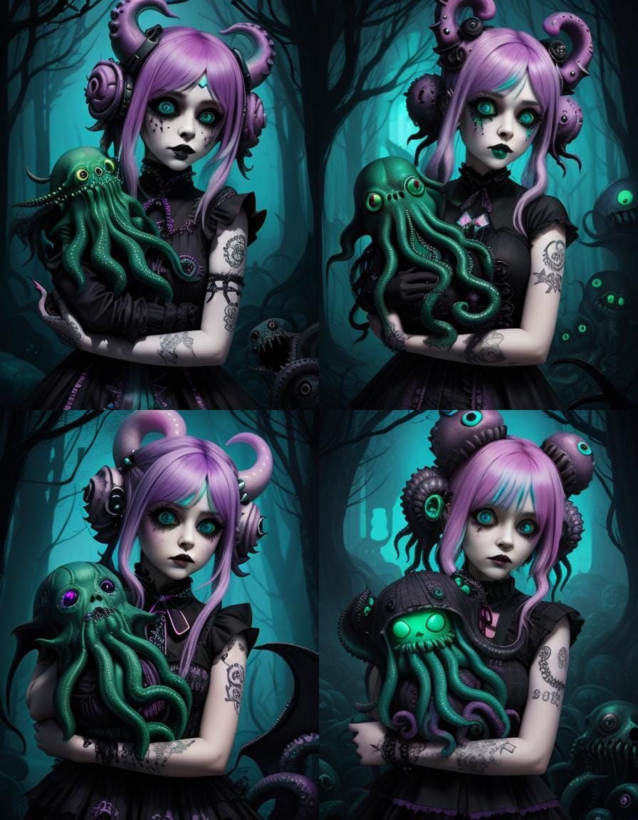 A Adorably Terrifying Pastel Punk Princess cuddling a Cthulh...