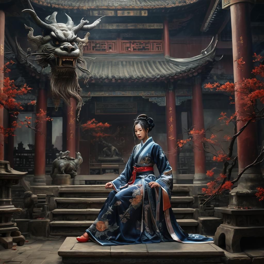 Intricately detailed painting of a cunning beautiful young chinese woman  in the style of Wuxia Fantasy, elegantly dressed in lavish attire,...