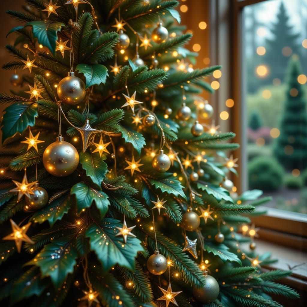 <lora:UltraPolish V1:1.0> <lora:Glimmernest V1:1.0> a beautiful, cozy holiday scene featuring mostly green colors: lush evergreen branches, ...