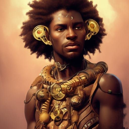 Photo realism ancient Afro futuristic African boy alchemist