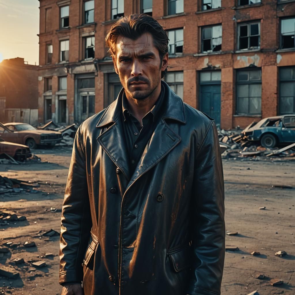 fallout 4, a man in a Leather coat, holstered 44 magnum, professional photography, well drawn, masterpiece, hyper realistic, ultra detailed,...