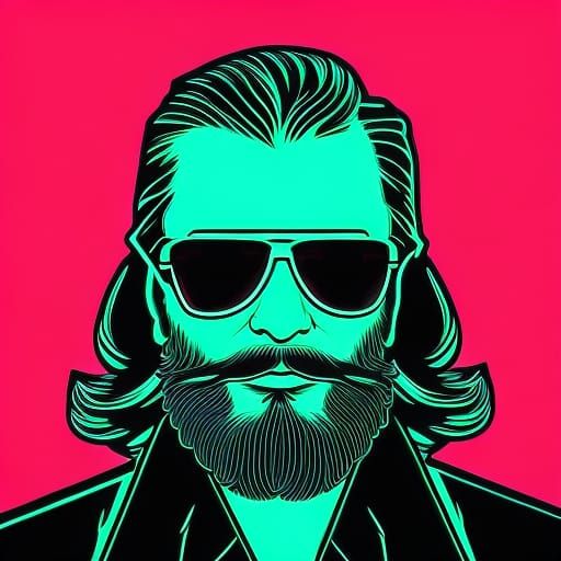 Portrait of a bearded guy with a big gun and sunglasses