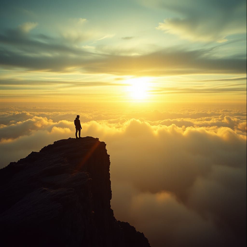 Cinematic Hero Standing Tall on Rocky Cliff Edge