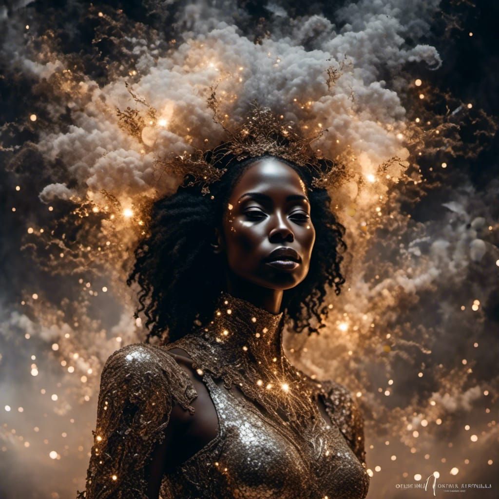 <lora:Glitter sparkle star:1.0> Goth black woman's portrait, golden cosmos, electrical sparkles, gold smoke, misty, glitter, sparkle, lumine...