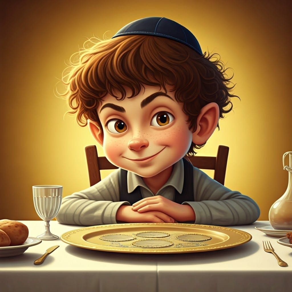 Mischievous Boy at Passover Seder in Whimsical 3D Style