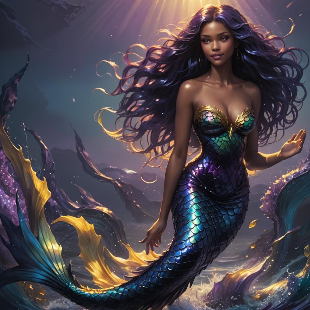 A 3D hyperrealistic render of a siren with a mesmerizing mullet hairstyle. Her hair is split into a jet ...  by @Pinhead fan