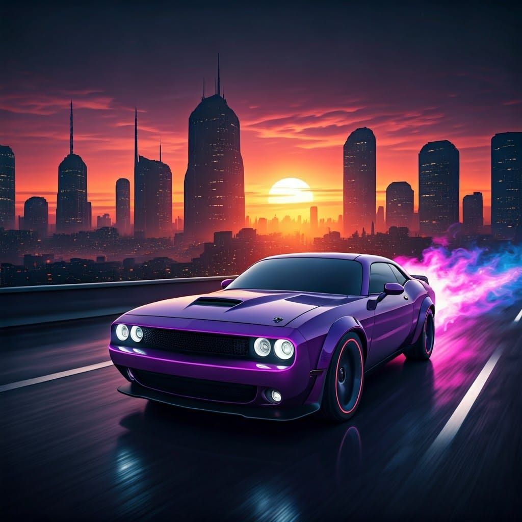 Neon Muscle Car Speeding Through Dystopian Cityscape