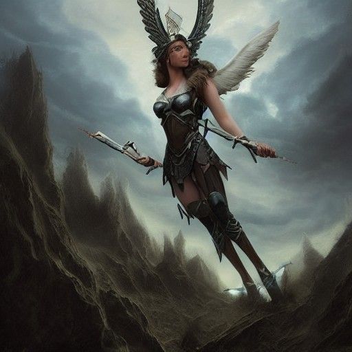 beautiful Valkyrie vanishes through the sky dark