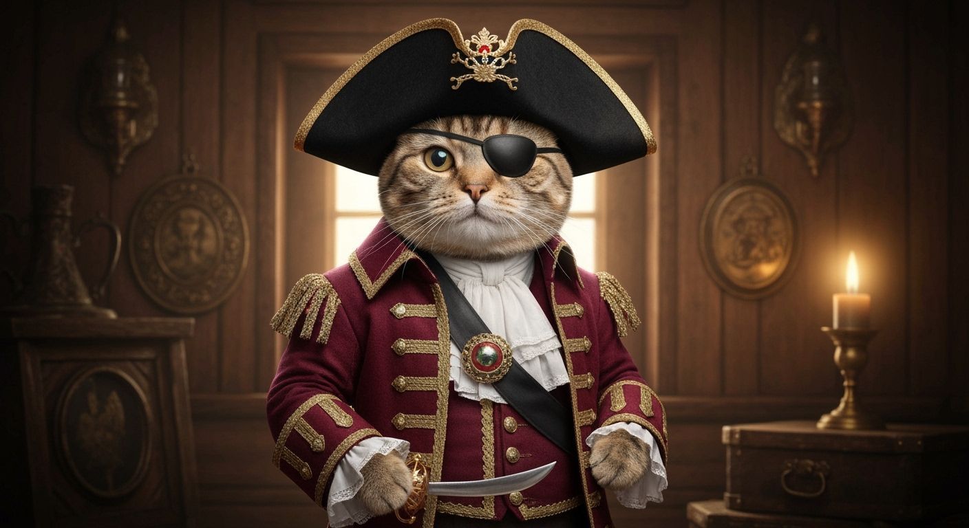 A cat in a pirate captain’s coat with an eyepatch and tiny sword