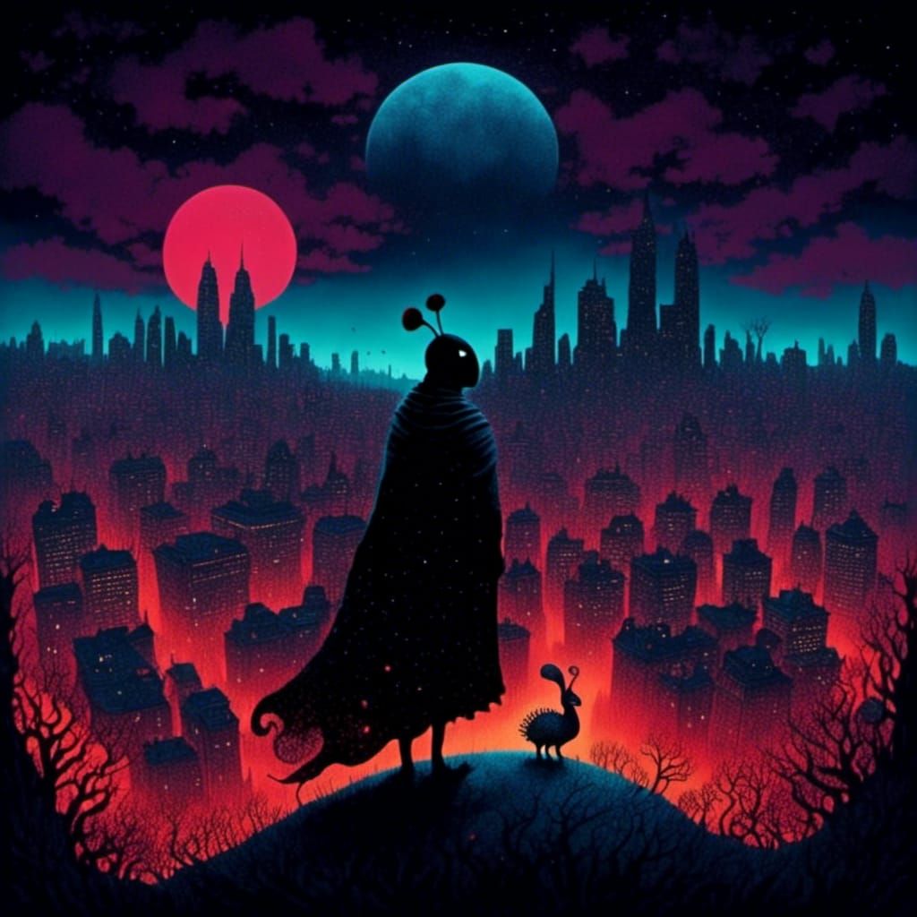 <lora:Crawdad Song:1.0> A cloaked figure standing at the edge of a city filled with towering, neon-lit skyscrapers