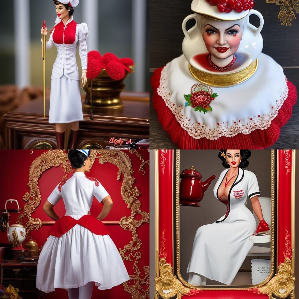 Very Detailed Pin Up Nurse Wearing A White Uniform With Red Handprints With A Porcelain Teapot