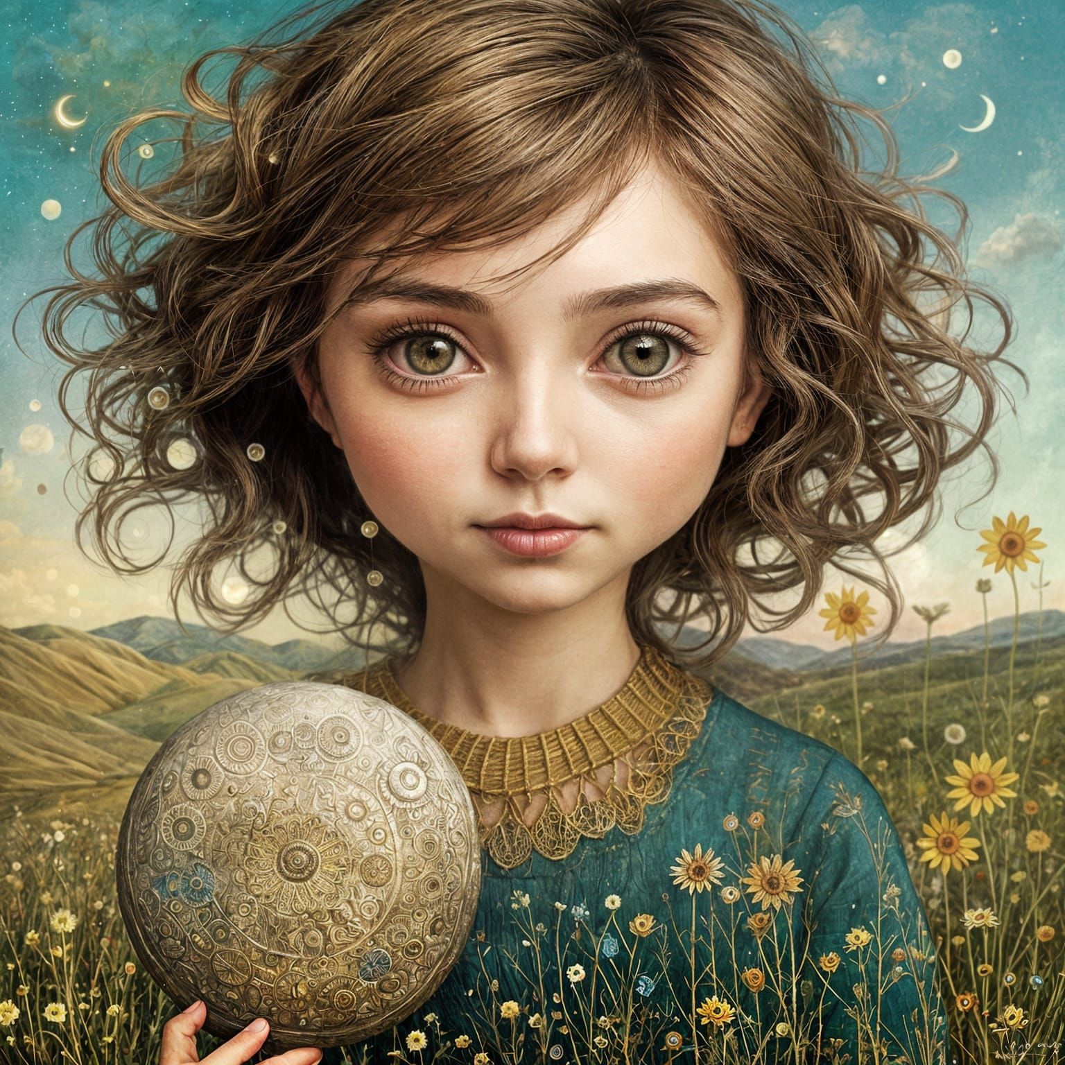 Girl Gazing at Moon-Sun in Art Brut Style