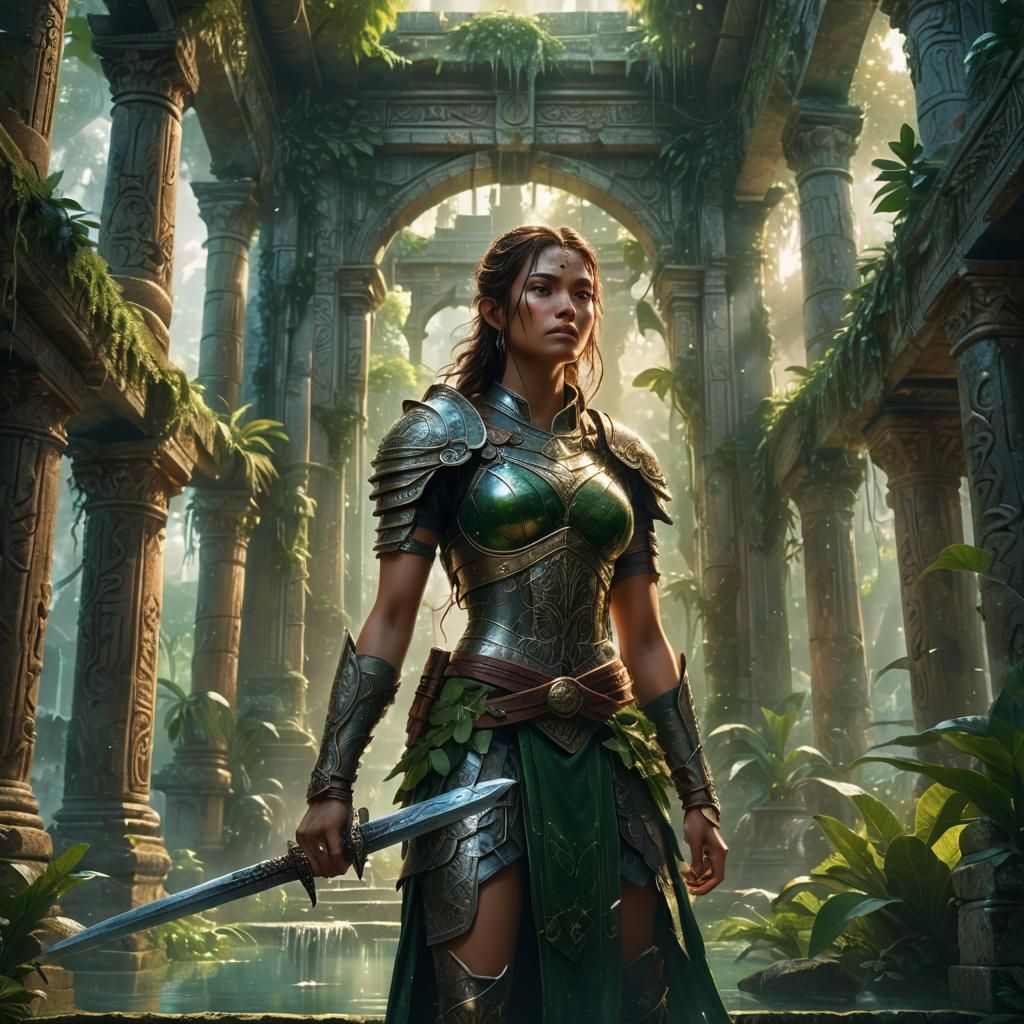 Fantasy Warrior in Ancient Temple with Sword