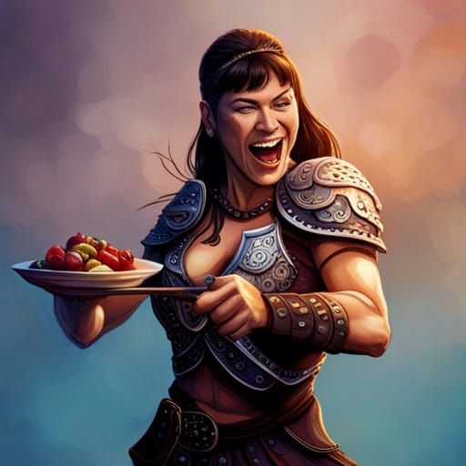 Xena warrior Princess laughing eating salad