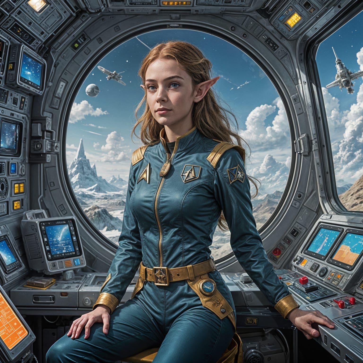 Female child elf wearing a Star Trek uniform on a ship