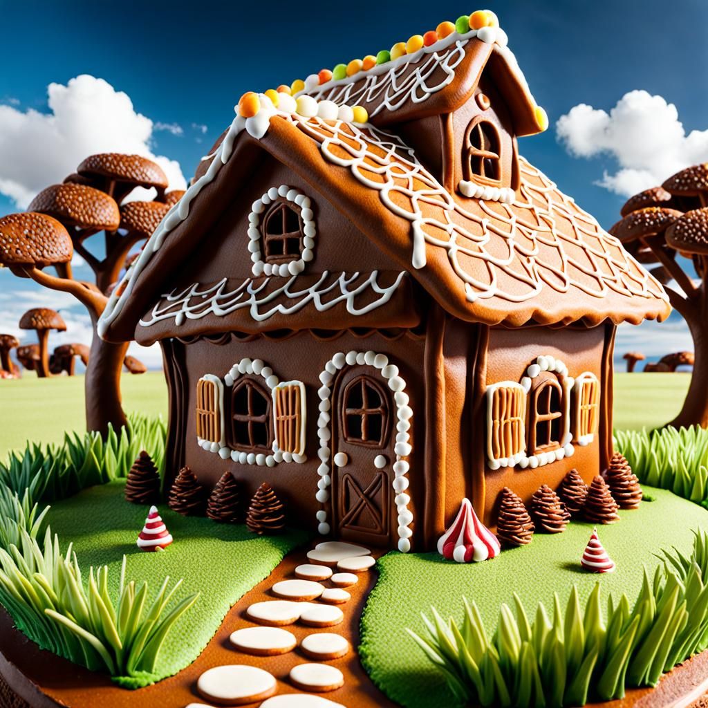 A fantastically detailed gingerbread house in a safari grass...
