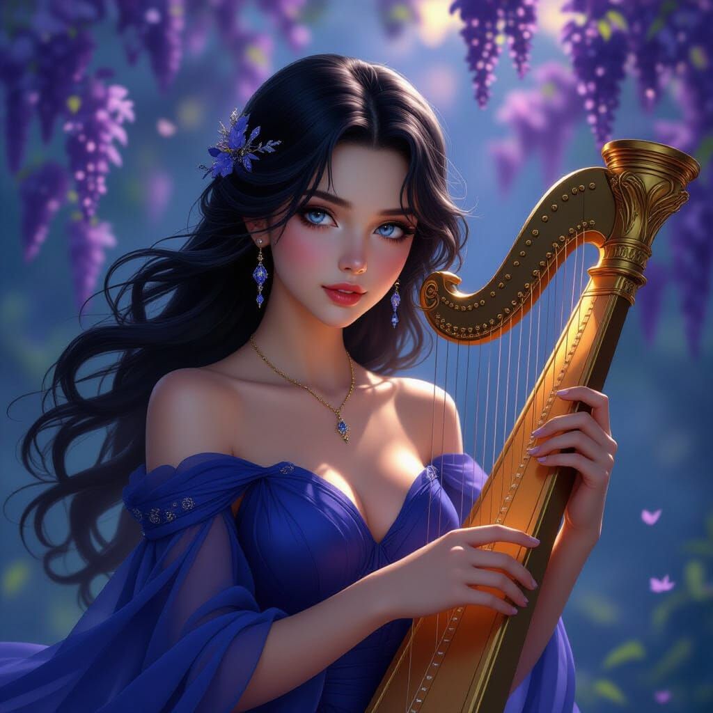 Girl with Harp in Dark Fantasy Art Style